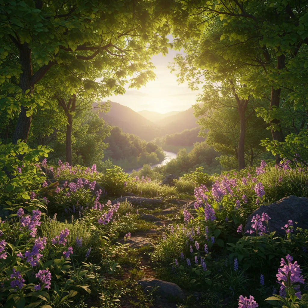 Natuur landschap met gouden zonlicht door groene bladeren