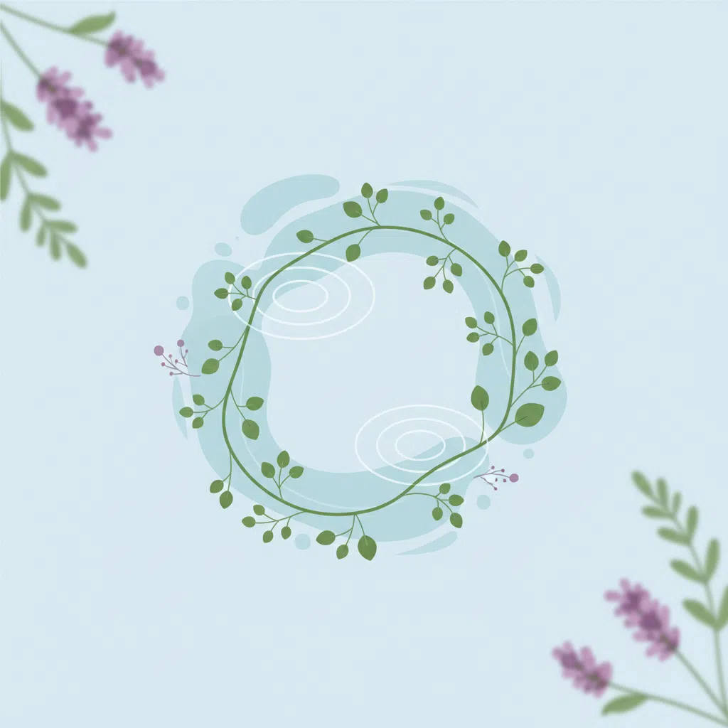 Abstracte botanische illustratie met vloeiende groene bladeren en paarse bloemblaadjes