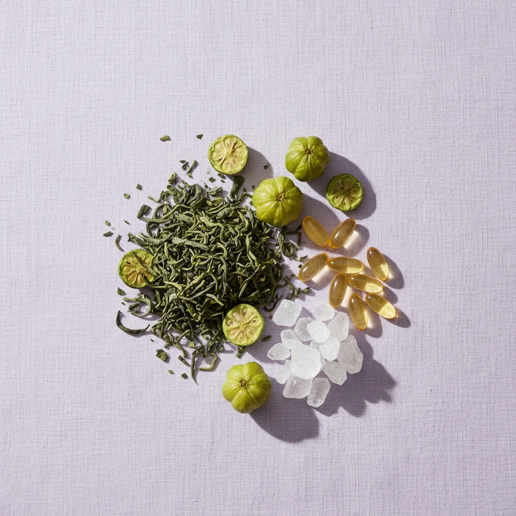 Botanische ingrediënten plat lay - groene thee bladeren, garcinia en vitamines op linnen ondergrond