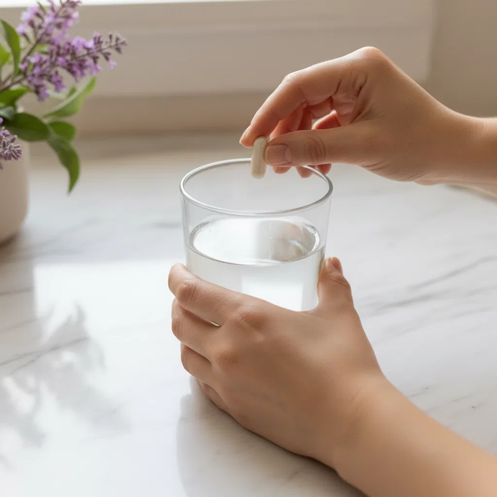 Handen houden een glas water en een witte capsule vast - dagelijkse inname voedingssupplement